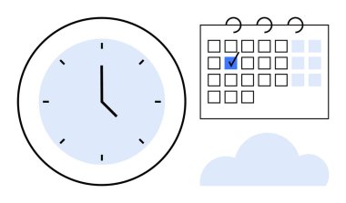 Analog saat, işaretli tarihli takvim ve bulut vurgu zamanı izleme, planlama ve organizasyon. Üretim, planlama, hedefler, son tarih atamaları için ideal proje sade