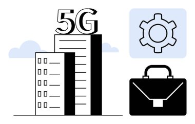 5G 'li yüksek katlı bina, mekanik konsept olarak vites ve işi yansıtan bir evrak çantası. Teknoloji, yenilik, ticaret, bağlantı, telekomünikasyon ve mühendislik için ideal
