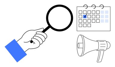 El ele tutuşan büyüteç, tamamlanmış onay kutusu ve megafon iletişimi ön plana çıkarıyor. Planlama, programlama, etkinlikler, pazarlama, organizasyon, teslim tarihleri için ideal