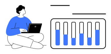 Dizüstü bilgisayarda çalışan kişi dikey olarak istiflenmiş bar çizelgelerini mavi ve siyah tonlarda görüyor. Veri analizi, üretkenlik, takım çalışması, eğitim, planlama, araştırma ve basit iniş sayfası için ideal