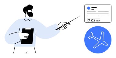 Sosyal medya analitiği ve seyahat ikonunu gösteren panosu olan bir adam. İş stratejisi, sunum, seyahat planlaması, sosyal medya pazarlaması, iletişim, turizm, basit iniş