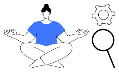 Nilüfer çiçekli kişi, farkındalığı, dengeyi, verimliliği, odaklanmayı, meditasyonu, problem çözmeyi ve kendini geliştirmeyi temsil eden vites ve büyüteçle poz verir. Sağlık ve akıl sağlığı için ideal.