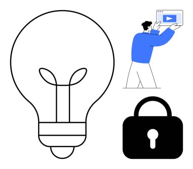 Yaratıcılığı simgeleyen büyük ampul içerik yönetimini temsil eden bir tablet tutan adam ve veri güvenliğini simgeleyen kilit simgesi. Yenilik, teknoloji, siber güvenlik, eğitim ve tasarım için ideal