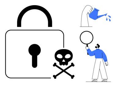 Geniş bir kilit ve kafatası ana hatları güvenlik riskini taşıyor. Elle su doldurma ve büyüteçle insan keşif teması ekler. Teknoloji, uyarı, güvenlik, koruma, veri güvenliği için ideal