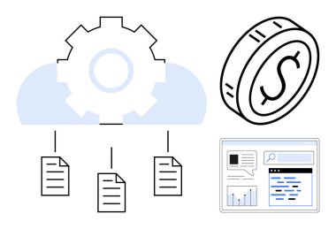 Bulutları birbirine bağlayan belgeler, madeni parayı sembolize eden dolar para, analitik gösterge paneli verileri gösteriyor. Otomasyon, bulut depolama, finans, organizasyon, teknoloji, veri yönetimi için ideal