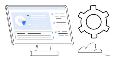 Bilgisayar ekranında veri analizi, grafikler ve konfigürasyon donanımı olan görevler gösteriliyor. Teknoloji, veri yönetimi, analitik, iş akışı, süreçler, optimizasyon için ideal