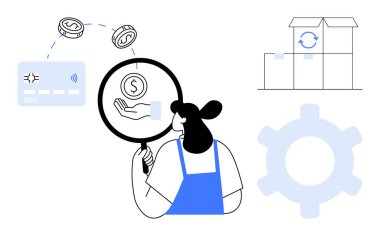 Büyüteci olan kadın işlemleri ve operasyonları denetliyor. Kredi kartı, bozuk para, nakliye kutuları ve dişliler de dahil. Ödeme sistemleri, e-ticaret, lojistik, tedarik zinciri finans için ideal