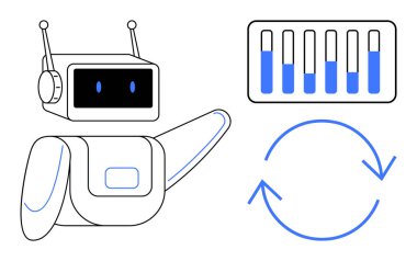 Robot ilerleme çubuklarını analiz ediyor, hareket halindeki robot kolu kaldırıyor, döngü görselleştirmesini işliyor. AI, robotik, otomasyon, makine öğrenimi, veri işleme, basit iniş sayfası için ideal