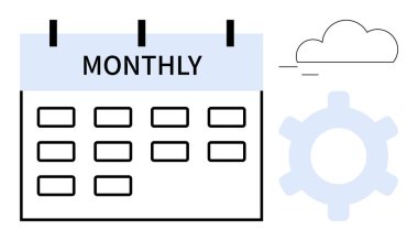 Aylık olarak etiketlenmiş takvim, dişli takımların yanında ızgara düzeni ve zaman yönetimi, organizasyon ve üretkenliği sembolize eden bulut. Planlama, iş akışı, zamanlama, strateji, otomasyon analizleri için ideal