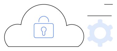 Merkezi asma kilit ikonuna sahip bulut çizgisi güvenliği temsil ediyor. Yanında da vites ayarlarını sembolize ediyor. Siber güvenlik, veri koruması, bulut hesaplama, bilişim desteği, sistem yönetimi için ideal