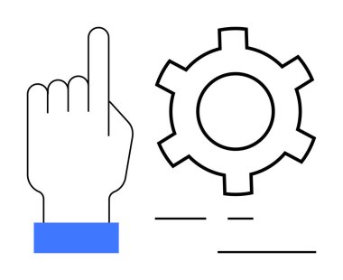Dişli sembolünün yanında mavi bir manşetle el kaldırdı. Kullanıcı denetimi, özelleştirme, ayarlar, etkileşim, teknoloji, UX tasarımı, basit iniş sayfası için ideal