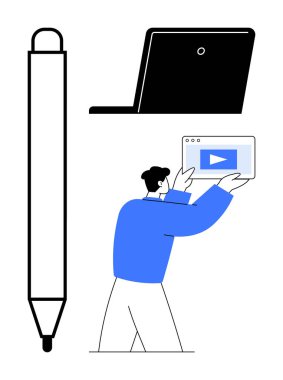 Yanında video oynatıcı arayüzü, büyük kalem ve dizüstü bilgisayarı olan bir adam var. Yaratıcılık, sunum, video düzenleme, içerik oluşturma, çevrimiçi eğitim, basit iniş sayfası beyin fırtınası