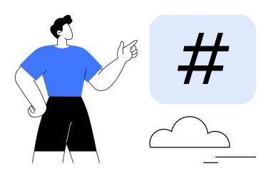 Minimum bulut tasarımı eşliğinde cesur bir meta veri etiketi ikonuna doğru hareket eden kişi. Sosyal medya, markalaşma, teknoloji, dijital pazarlama, mesajlaşma, çevrimiçi trendler ve basit bir