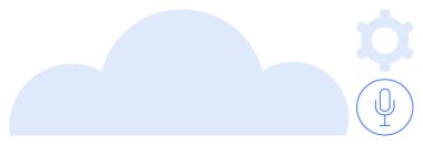 Bulut şekli ve mikrofon simgeleri bulut hesaplaması, ses tanıma, ayarlar ve iletişim öneriyor. Teknoloji, yenilik, veri, yapay zeka, ayarlar iletişimi düz tutmak için ideal