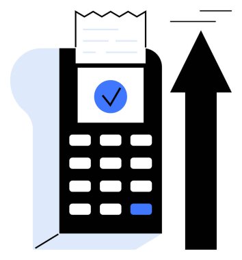 Ödeme cihazı yazıcı makbuzu işaretli, ve yukarı ok iş büyümesini temsil ediyor, başarı. Finans, perakende, e-ticaret, muhasebe, yenilik analiz teknolojisi için ideal. Düz