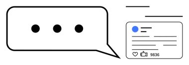 Üç noktalı sohbet balonu ve baş parmaklar ve nişan istatistiklerinin yer aldığı sosyal medya paylaşımı. İletişim için ideal, geribildirim, ağ, bağlantı, çevrimiçi bağlantı, mesajlaşma, basit