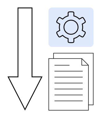 Aşağı ok, dişli simgesi ve belge yığını indirme, ayar ve dosya düzenini temsil eder. Üretkenlik, iş akışı, veri yönetimi, sistem güncelleme süreci akış yazılımı için idealdir