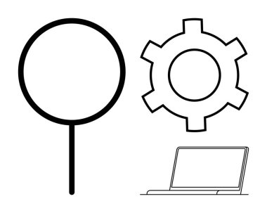 Büyüteç, teçhizat ve dizüstü bilgisayar online arama, teknik süreç ve dijital aletleri işaret ediyor. Teknoloji, analiz, üretkenlik, problem çözme geliştirme, basit iniş için ideal