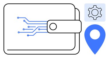 Mavi devreli cüzdan tasarımı, vites simgesi, ve fintech 'i sembolize eden konum pimi, GPS izleme, dijital ödemeler, teknoloji ayarları. Finans, teknoloji ve güvenlik için ideal bir iniş.