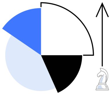 Mavi ve siyah bölümlü turta grafiği, yukarı doğru ok, stratejiyi temsil eden satranç şövalyesi. İş planlaması, veri analizi, büyüme, hedef belirleme, stratejik düşünme, karar verme pazarı için ideal