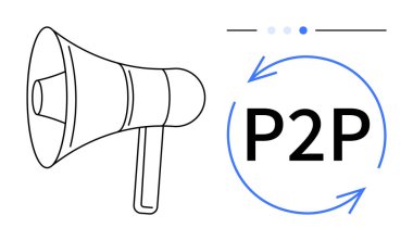 Megafon iletişimi vurguluyor, P2P etrafındaki dairesel oklar paylaşımı, işbirliği ve pazarlamayı sembolize ediyor. Ağ oluşturma, toplum, ortaklık, büyüme, geri bildirim bağlantısı için ideal