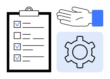 İşaretli seçenekleri olan görev listesi, ayarları veya iş akışını temsil eden bir dişli ve desteği sembolize eden açık bir el. Takım çalışması, üretkenlik, iş akışı, organizasyon, teknoloji, yardım için ideal