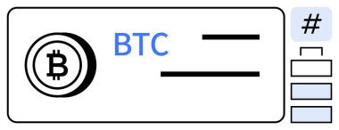 BTC metni, yatay çizgiler ve navigasyon kenar çubuğunun yanında dairesel Bitcoin logosu. Kripto para birimi, fintech, teknoloji, engelleme zinciri, kullanıcı arayüzü, finans ve basit iniş sayfası için ideal