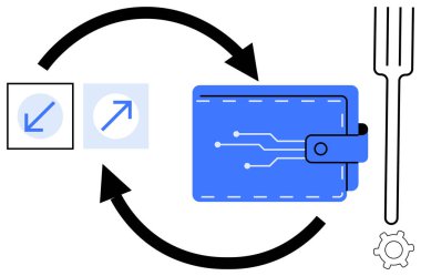 Devre dizaynlı mavi dijital cüzdan, yön okları, engelli çatal sembolü ve teknoloji iş akışı için teçhizat. Kripto ödeme, engelleme zinciri, fintech, dijital ekonomi için ideal