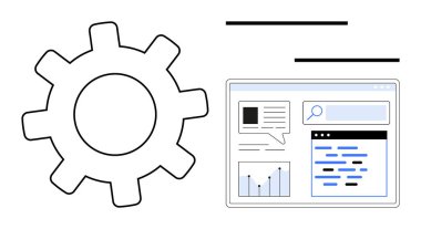Analiz, arama çubuğu, metin ve grafiklerin yer aldığı bir web sayfası panelinin yanında vites simgesi. Çalışma akışı, veri, teknoloji, web sitesi optimizasyonu, otomasyon geliştirme için ideal basit iniş sayfası