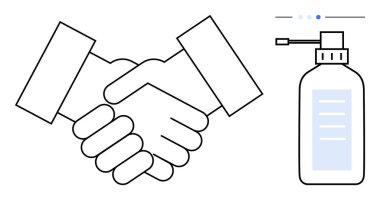 Dezenfektan şişesiyle eşleştirilen el sıkışması temizlik, güvenlik, işbirliği, güven, profesyonellik, sağlık ve farkındalığı vurguluyor. Sağlık kampanyaları ve iş yeri mesajlaşması için ideal