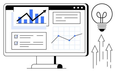 Çubuk ve çizgi grafikleri olan dijital gösterge paneli, görev kontrol listesi, yenilikçi ampul ve büyüme okları. Analiz, iş büyümesi, üretkenlik, hedefler, yenilik ölçümleri için ideal