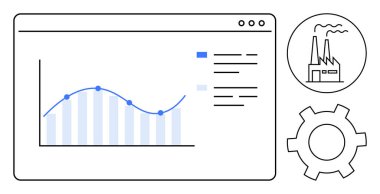 Bir web arayüzü, bir fabrika ikonu ve vites biçimi içinde çizgi çizelgesi ve çubuk grafiği. Mühendislik, otomasyon, üretim, analitik, izleme, verimlilik için ideal basit iniş sayfası
