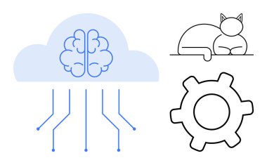 Bağlantı hatları, vites simgesi ve kedi çizgisi olan beyin içerisindeki bulut. Yapay zeka, otomasyon, bağlantılar, beyin fırtınası, yaratıcılığı öğrenme makinesi için ideal. Düz basit metafor