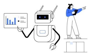 Analiz çizelgesini paylaşan robot tabletli bir kadına bakarken görevleri denetliyor. Yapay zeka, teknoloji, takım çalışması, veri sunumu, yenilik, otomasyon için ideal