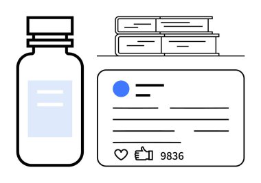 İlaç şişesi, kitaplar ve olumlu yorumları olan sosyal medya paylaşımı. Sağlık bilinci, eğitim, sosyal medya bağlantısı, içerik tanıtımı, tıbbi bilgi, basit pazarlama için ideal
