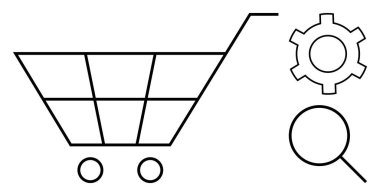 İki tekerli alışveriş arabası, büyüteç ve vites simgesi. E-ticaret, çevrimiçi alışveriş, kişiselleştirme, arama, perakende, iş optimizasyonu ve basit bir iniş sayfası için ideal