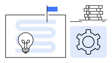 Yenilik için ampul, verimlilik için teçhizat, başarı için bayrak, kaynak için para minimum düzeyde. Yenilik, strateji, hedefler, ilerleme, takım çalışması kaynak yönetimi için ideal basit