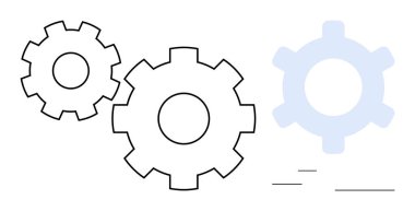 Üç vites, ikisi çizilmiş ve biri solmuş, birbirine bağlı sistemleri, takım çalışmasını ve operasyonel akışı gösteriyor. Otomasyon, üretkenlik, işbirliği, mekanik endüstrisi yeniliği için ideal