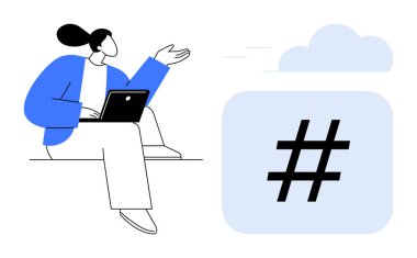 Profesyonel bir kadın, bağlantı, iletişim ve dijital trendler için bulutlu cesur bir üstveri etiketine işaret ederken dizüstü bilgisayar kullanıyor. Sosyal medya, pazarlama ve teknoloji için ideal