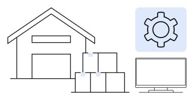 Yığılmış kutuları olan depo binası, otomasyon için vites sembolü, yazılım arayüzü için bilgisayar ekranı. Lojistik, tedarik zinciri, envanter, teknoloji, yönetim, otomasyon için ideal