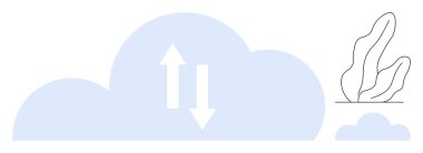 Yukarı ve aşağı okları olan bulut silueti veri alışverişini sembolize ediyor, asgari soyut bir bitki ile eşleştiriliyor. Teknoloji, veri transferi, depolama, eko-teknoloji, iş sistemleri için ideal