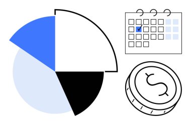 Veri analizini gösteren pasta tablosu, planlama tarihi vurgulanmış takvim ve parasal odağı sembolize eden para. Finans, yönetim, organizasyon, yatırım, strateji, üretkenlik için ideal