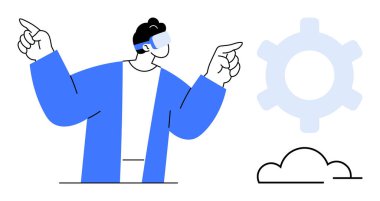 AR gözlükleri takan biri arka planda grafik bulutu ve teçhizatı olan sanal elementlere bakıyor. Yenilik için ideal, sanal gerçeklik, bulut hesaplama, teknoloji geleceği, otomasyon, insan-makine