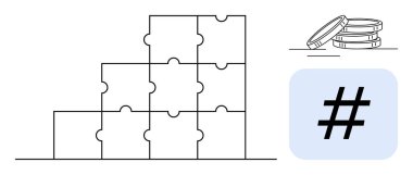 Sorun çözme ve işbirliğini temsil eden yığılmış bulmaca engelleri, finansal kavramlar için madeni paralar ve eğilimleri gösteren üstveriler. Takım çalışması, strateji, finans ve pazarlama için ideal