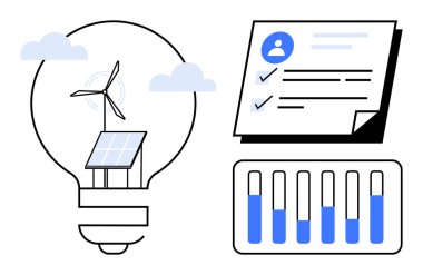 Ampul içindeki rüzgar türbini, güneş paneli, kullanıcı profili kontrol listesi ve ilerleme çubukları yenilik, yenilenebilir enerji, sürdürülebilir teknoloji, veri analizi, çevre dostu çözümler, profil aktarımı