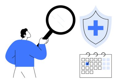 Büyüteç tutan kişi, kalkanı tıbbi haç ve işaretli takvim günüyle teftiş ediyor. Sağlık planı, sigorta, randevu zamanlaması, tıbbi analiz, güvenlik için ideal