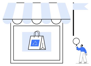 Çizgili tentente altında geri dönüşüm tabelası, bayrak direği, balon tutan bir figür. Sürdürülebilirlik, perakende, eko-ticaret, ambalaj, pazarlama, küçük işletmeler için ideal