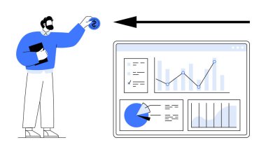 Para ve tabletli işadamı, çizgi grafikleri, pasta grafikleri ve bar çizelgeleriyle ön panele doğru ilerliyor. Finans, yatırım, analitik, planlama, strateji, teknoloji sade iniş için ideal