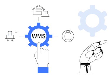 WMS teçhizatıyla el etkileşimi, robot eli, depo, araba, dünya. Teknoloji, lojistik, otomasyon envanter zinciri verimliliği veri akışı temaları için idealdir. Düz basit metafor