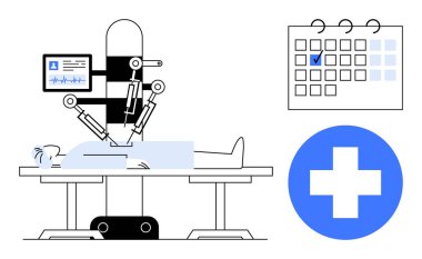 Tıbbi takvim ve sağlık sigortası ikonu olan bir hastaya ameliyat yapan robot kol. Sağlık hizmetleri için ideal, gelecekteki teknoloji, tıbbi gelişmeler, yenilik, hassasiyet, ameliyat